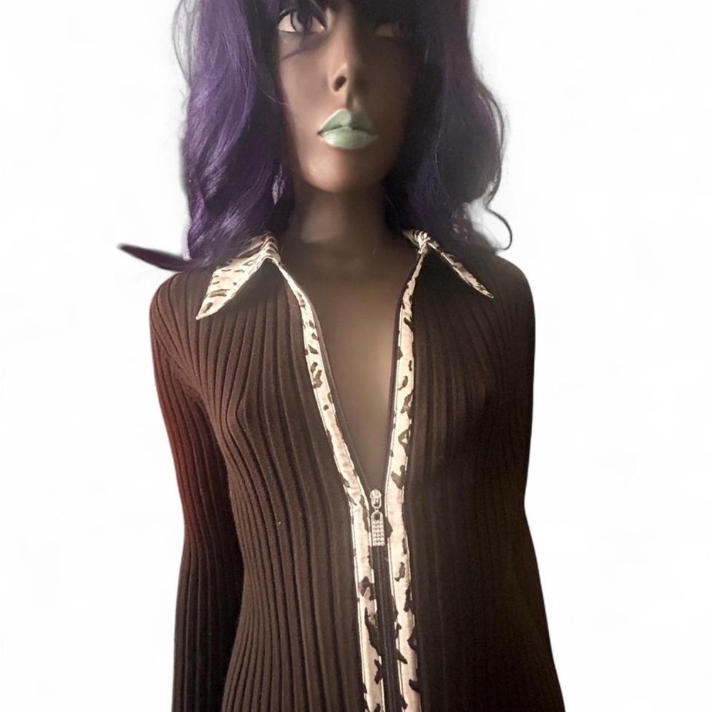 Belldini Brown Ribbed Top with Animal Print Accents